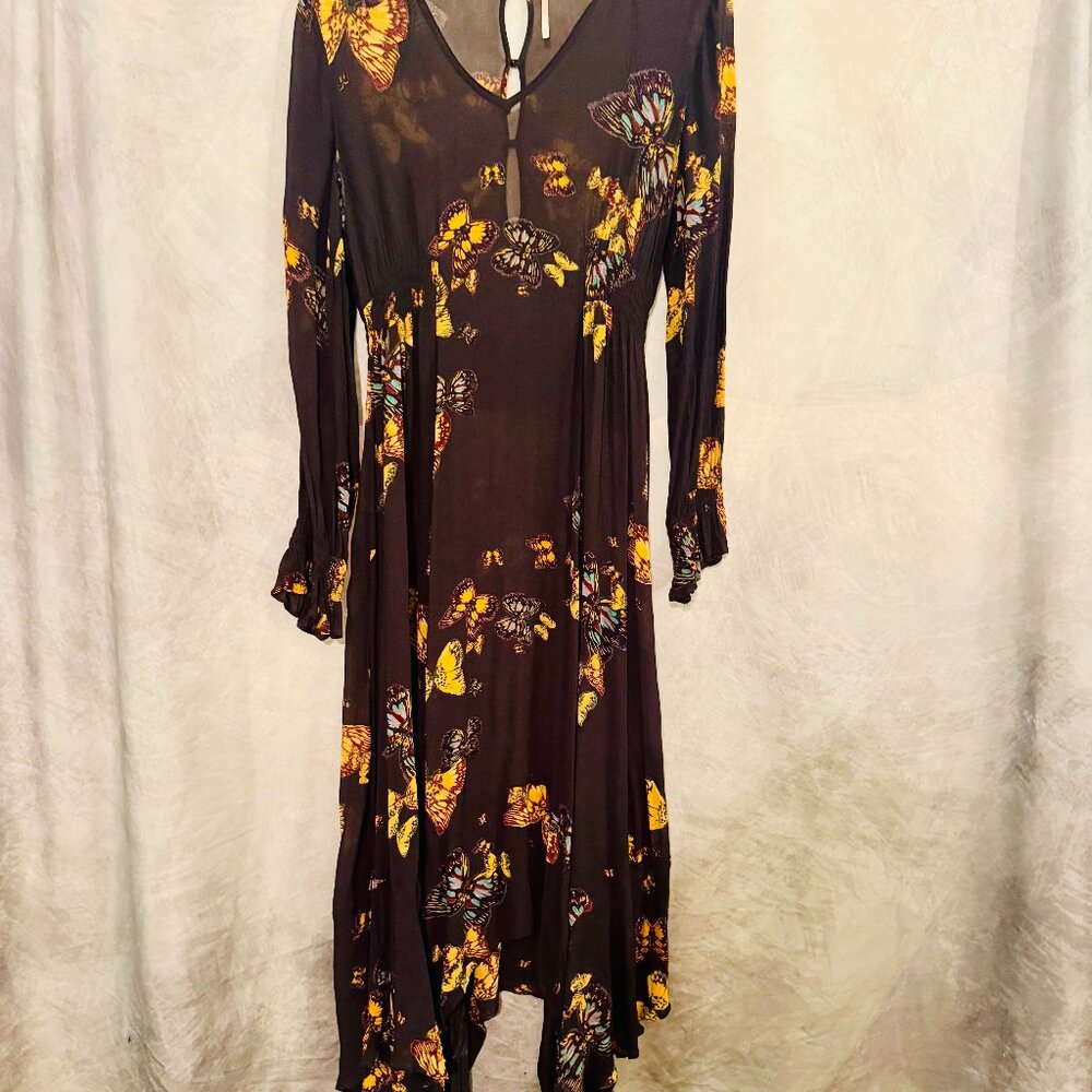 Free People Navy Fit and Flare Maxi Dress with Butterflies - Size Small